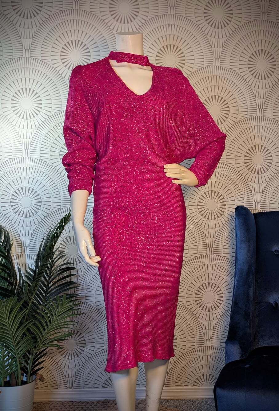 1970's/1980's Pink & Silver Batwing Glamour Dress - Women's Size S/M